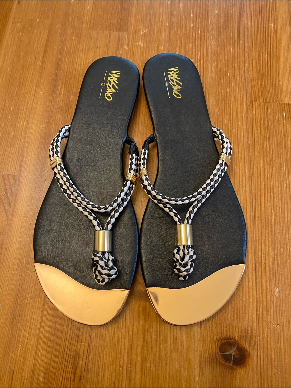 Mossimo Supply Co. Black Sandals with Gold Toe Caps and Braided Straps